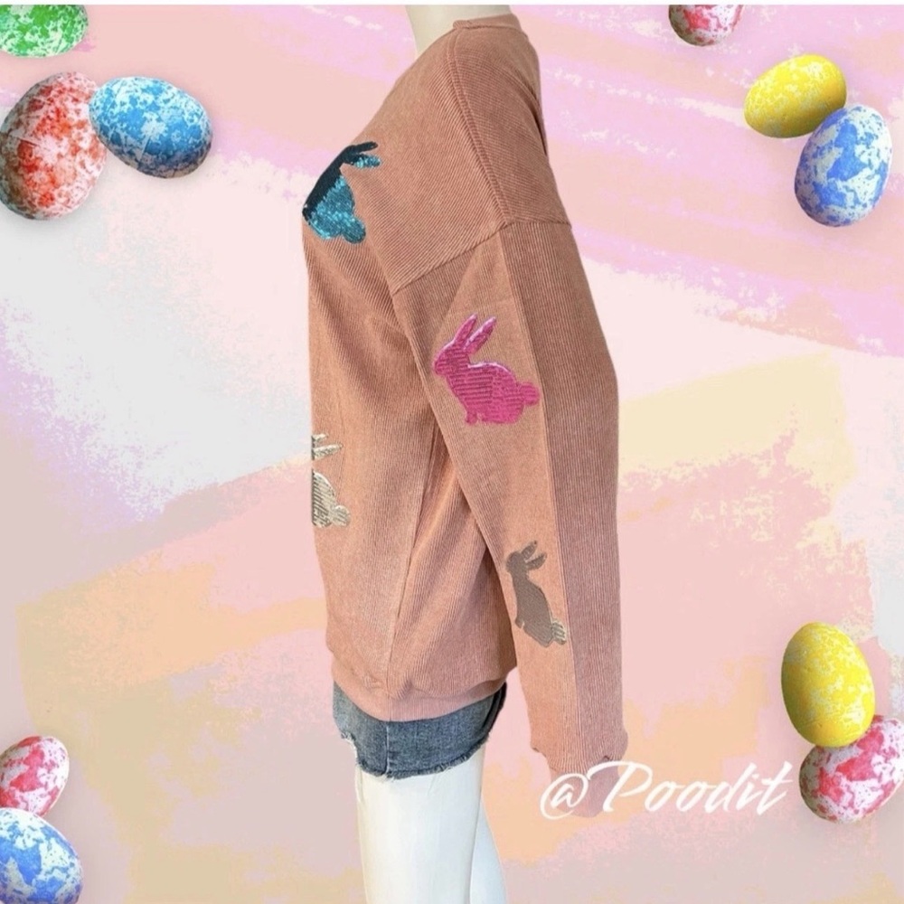 Sequin bunny corded thermal texture Easter holiday pullover S L 3XL - Picture 5 of 6